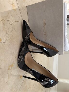Jimmy Choo Black Patent Leather Crystal Accent Pointed-Toe Stilettos